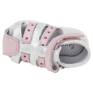 Nu-pieds en cuir argentés et roses à scratch et étoiles 