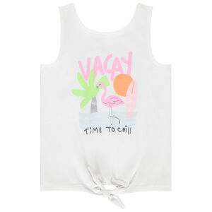 Αμάνικο μπλουζάκι με εφέ κόμπου και γυαλιστερό σχέδιο για κορίτσι 