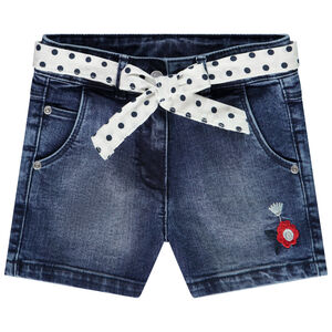 Σορτς denim με ζώνη foulard με σχέδιο πουα και λουλούδι κεντημένο για κορίτσι 