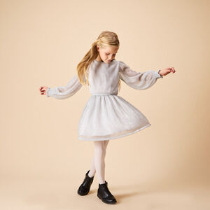 Γιορτινό φόρεμα ασημί με μακριά φουσκωτά μανίκια για κορίτσι 