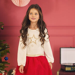 Φόρεμα γιορτής μακρυμάνικο με εφέ 2 σε 1 από δύο υφάσματα για κορίτσι 