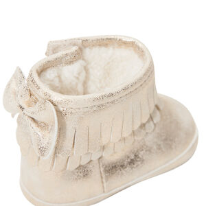 Χρυσαφί μποτάκια με κρόσσια, φιόγκο και επένδυση από συνθετική γούνα 