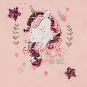 Κοντομάνικο μπλουζάκι με βολάν από jersey print μονόκερος για κορίτσι 