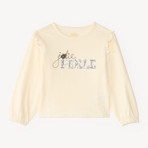 T-shirt manches longues fille à volants et fleur en relief 