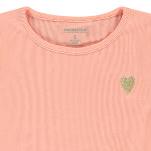 Κοντομάνικο T-shirt από πλεκτό με κέντημα καρδιά για κορίτσι 