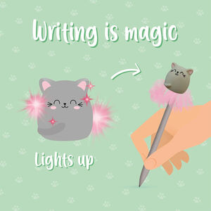 Stylo bille à plumes avec chat lumineux gris 