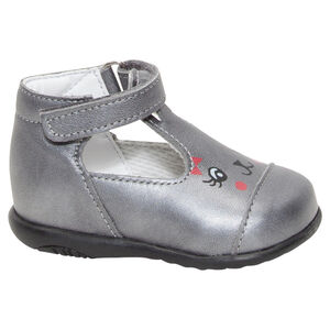 Δερμάτινα γκρι παπουτσάκια με μπαρέτα και φαντεζί τύπωμα 