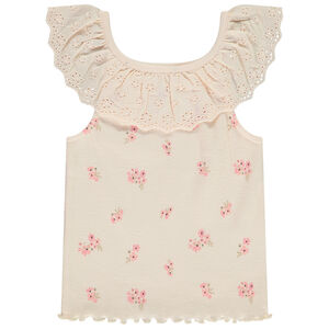 Αμάνικο μπλουζάκι από πλεκτό με αγγλική δαντέλα + floral σχέδιο για bebe κορίτσι 
