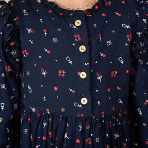 Φόρεμα μακρυμάνικο μπλε ναυτικό με φανταστικό σχέδιο για μωρό κορίτσι 