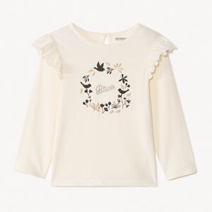 Μακρυμάνικο πλεκτό T-shirt με βολάν και φαντεζί print για bebe κορίτσι 