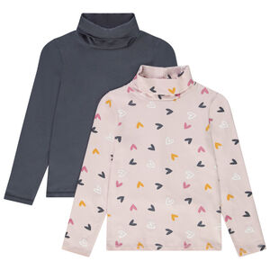 Lot de 2 sous-pulls à col roulé imprimé cœur et uni pour fille Main Lot de 2 sous-pulls à col roulé imprimé cœur et uni pour fille