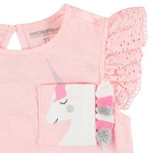 T-shirt κοντομάνικο με βολάν και τσέπη με σχέδιο 