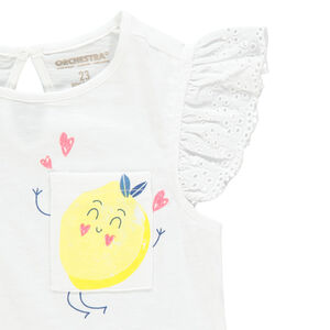 T-shirt κοντομάνικο με βολάν και τσέπη με σχέδιο 