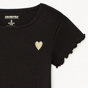 Κοντομάνικο T-shirt από πλεκτό με κέντημα καρδιά για κορίτσι 