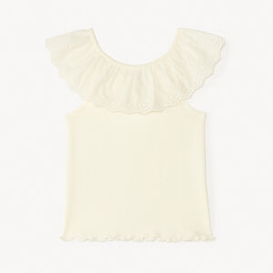 Αμάνικο μπλουζάκι μονόχρωμο από πλεκτό ύφασμα με βολάν κολάρο από αγγλική δαντέλα για bebe κορίτσι 