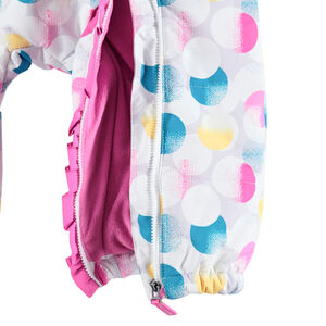 Ολόσωμη φόρμα του σκι με πουά μοτίβο που κάνει αντίθεση και συνθετική γούνα 