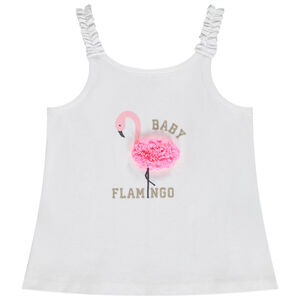 Μπλουζάκι αμάνικο μονόχρωμο print φλαμίνγκο effet πέταλα 3D για bebe κορίτσι 