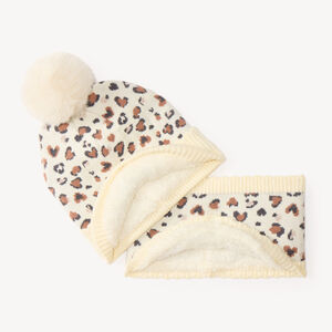 Bonnet et snood bébé fille en tricot doublés sherpa motif léopard 