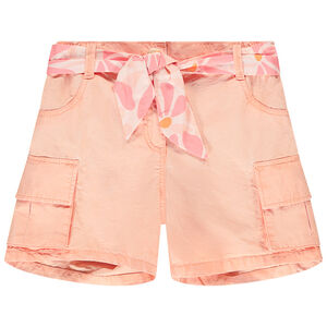 Μονόχρωμο υφασμάτινο σορτς με τσέπες cargo και φαντεζί ζώνη φουλάρι για κορίτσι 