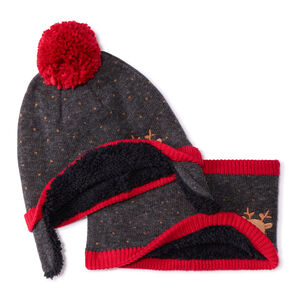 Σετ σκούφος πλεκτό με pompon και κέντημα Reine για bebe αγόρι 