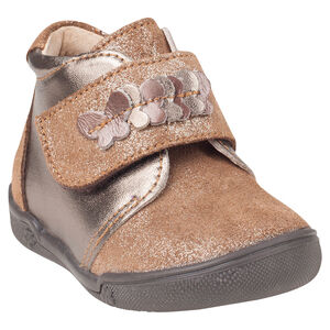 Bottillons dorés en cuir avec scratch et patchs papillons 