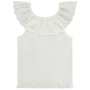 Αμάνικο μπλουζάκι μονόχρωμο από πλεκτό ύφασμα με βολάν κολάρο από αγγλική δαντέλα για bebe κορίτσι 