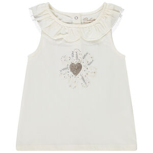 Μπλουζάκι αμάνικο με βολάν και print με παγιέτες για bebe κορίτσι 