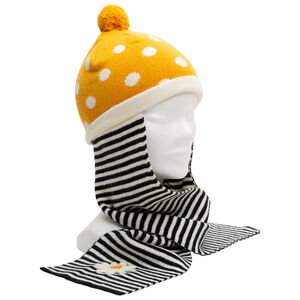 Πλεκτός σκούφος με ενσωματωμένο κασκόλ με πουά μοτίβο και ρίγες σε ζακάρ 