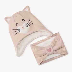 Set en tricot bonnet ludique chat + snood pour bébé fille 