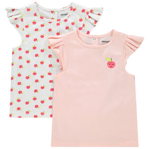 Σετ από 2 t-shirts μονόχρωμο/εμπριμέ με βολάν στα μανίκια 