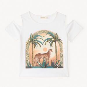 T-shirt avec épaules dénudées imprimé léopard à sequins pour fille 