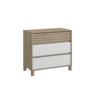 Commode 3 tiroirs en chêne blond et blanc Achille Main Commode 3 tiroirs en chêne blond et blanc Achille