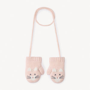 Moufles reliées motif chat en tricot pour bébé fille 