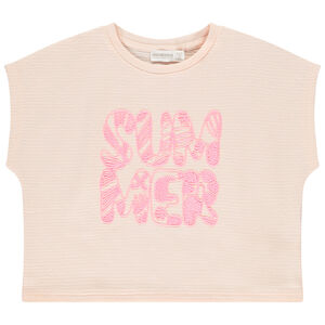 Κοντομάνικο πλεκτό μπλουζάκι σε σχήμα κουτιού με φαντεζί σχέδιο για κορίτσι 