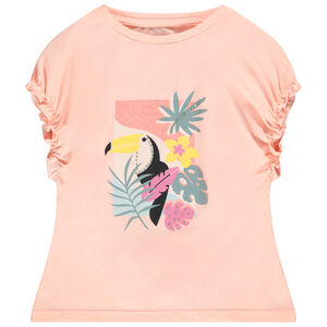 Κοντομάνικο μπλουζάκι με ελαστικά μανίκια και φαντεζί σχέδιο για κορίτσι 