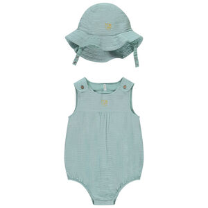 Κοντή ολόσωμη φόρμα χωρίς μανίκια με κέντημα + καπέλο για bebe αγόρι 