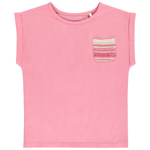 Κοντομάνικο μπλουζάκι με τσέπη φαντασίας σε πλέξη για κορίτσι 