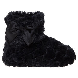 Μαύρα μαλακά ψηλά παντοφλάκια από συνθετική γούνα με φιογκάκι 