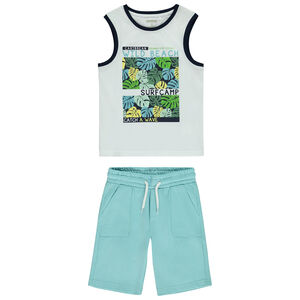 Σετ αμάνικο μπλουζάκι φαντεζί + μονόχρωμο σορτς σε molleton για αγόρι 