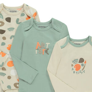 Lot de 3 bodies manches longues motif arty pour bébé garçon avec ouvertures différentes selon l'âge 