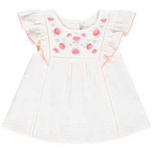 Tunique manches courtes brodée en double gaze de coton pour bébé fille 