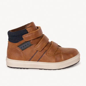 Μποτάκι καφέ με τριπλό βέλκρο και μπλε λεπτομέρειες για αγόρι 