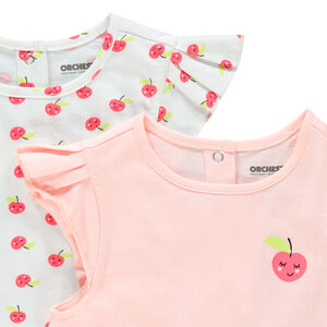 Σετ από 2 t-shirts μονόχρωμο/εμπριμέ με βολάν στα μανίκια 