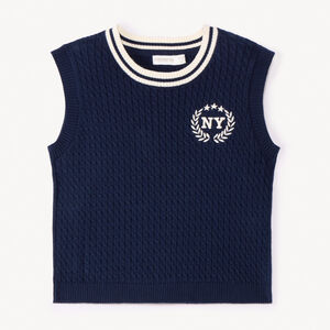 Pull sans manches en tricot torsade et broderie pour fille  