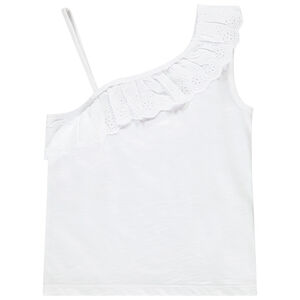 Αμάνικο μπλουζάκι με ασύμμετρες τιράντες και δαντέλα broderie anglaise για κορίτσι 