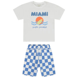 Σετ κοντομάνικο μπλουζάκι φαντασίας + βερμούδα σε καρό για αγόρι 