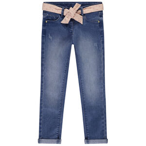 Τζιν slim εφέ φθοράς με ζώνη φουλάρδου για κορίτσι 