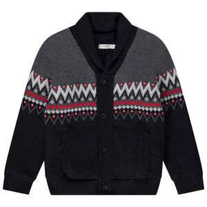 Gilet en tricot bicolore avec col châle et motif en jacquard pour garçon Main Gilet en tricot bicolore avec col châle et motif en jacquard pour garçon