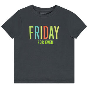 Κοντομάνικο μπλουζάκι μονόχρωμο με print και κεντημένο μήνυμα για αγόρι 