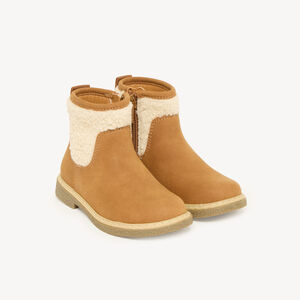 Bottines pour filles à zip marron avec empiècement en moumoute. 